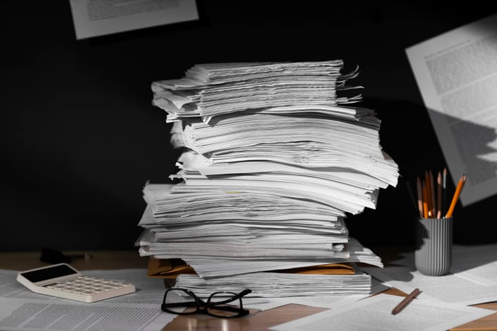 Paper stacked on desk 